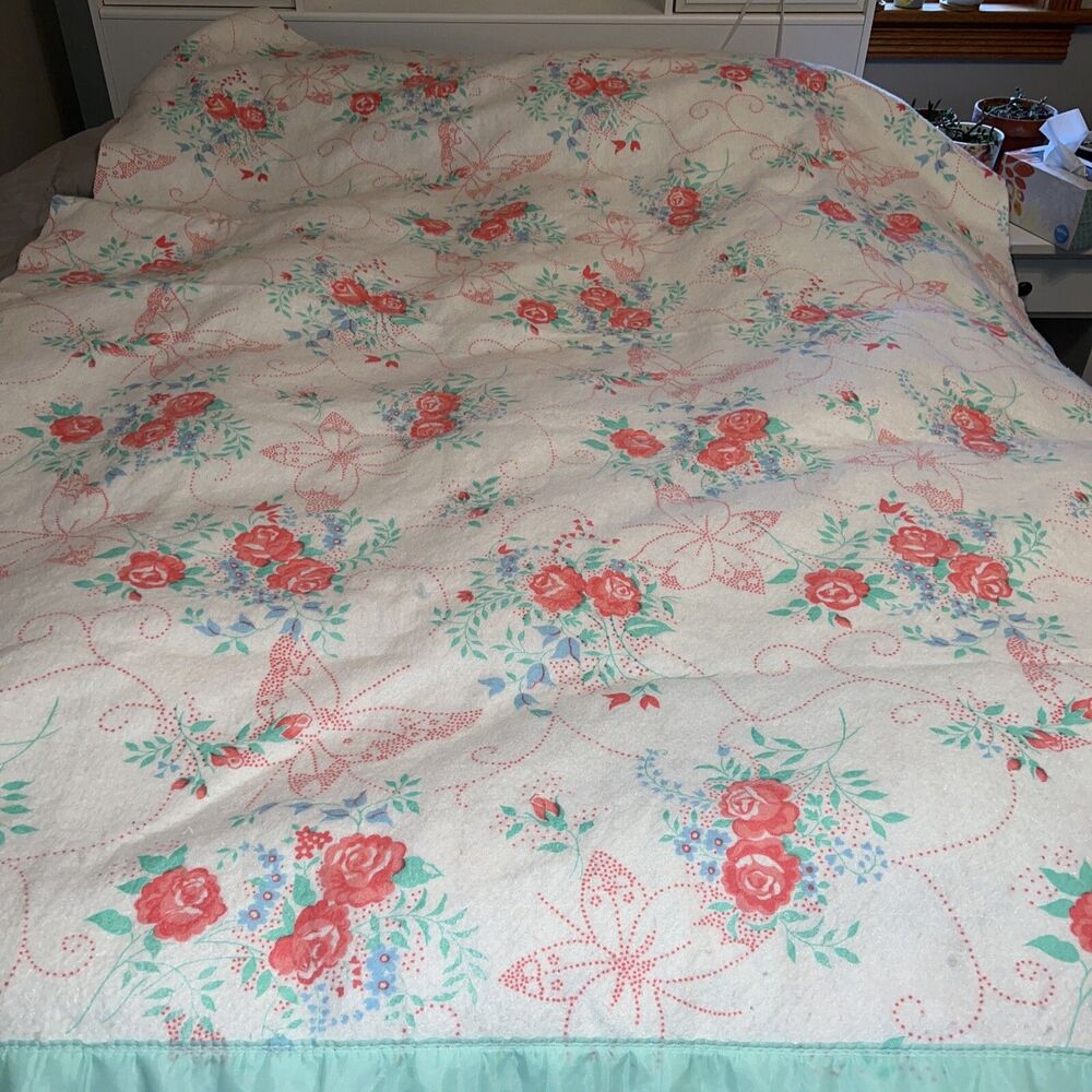 Vintage Floral Butterfly Satin Ribbon Edge Acrylic Restful Blanket Full 60x80